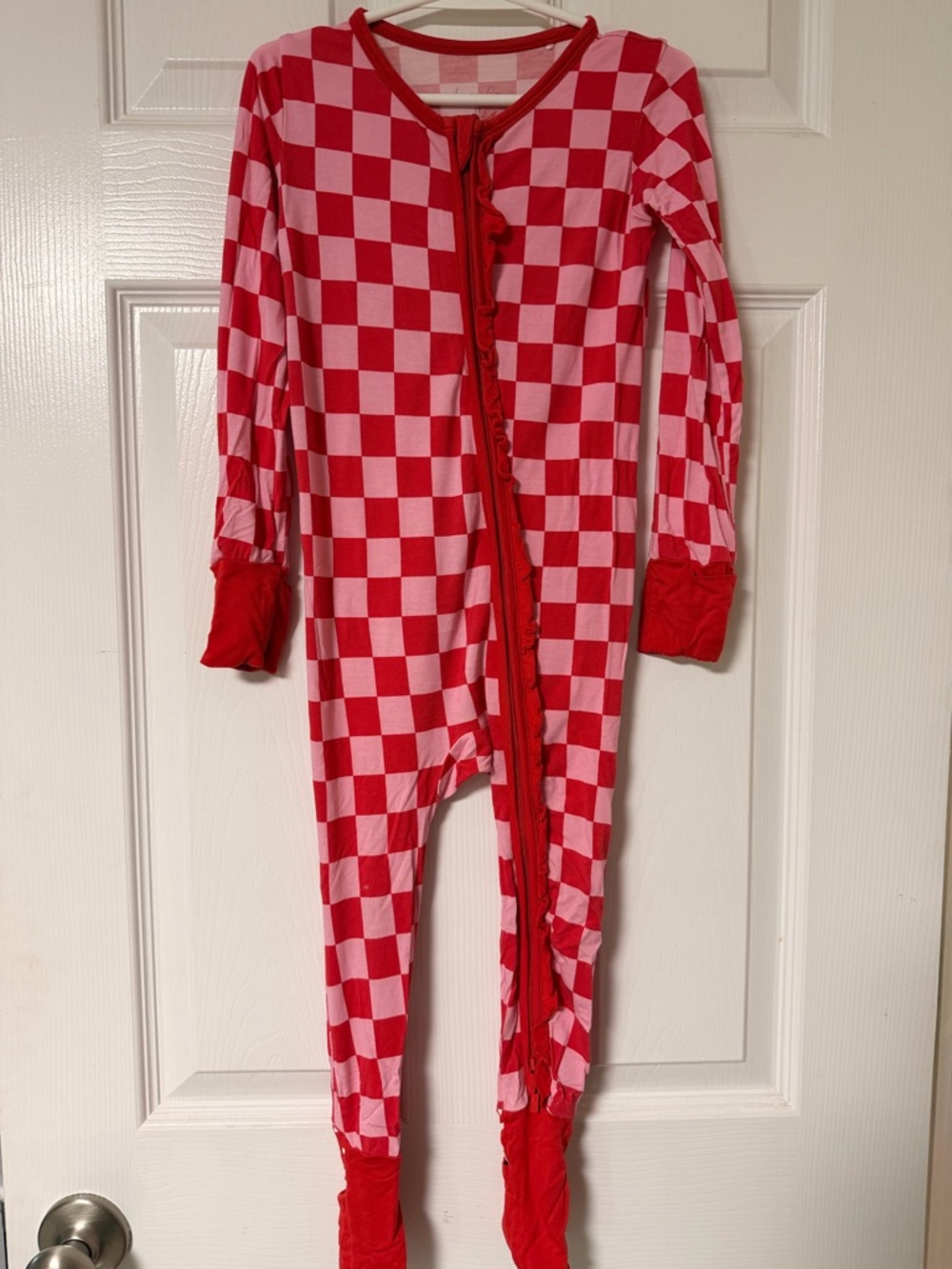 Bamboo Red and Pink Checkered One-Piece Zipper Pajamas